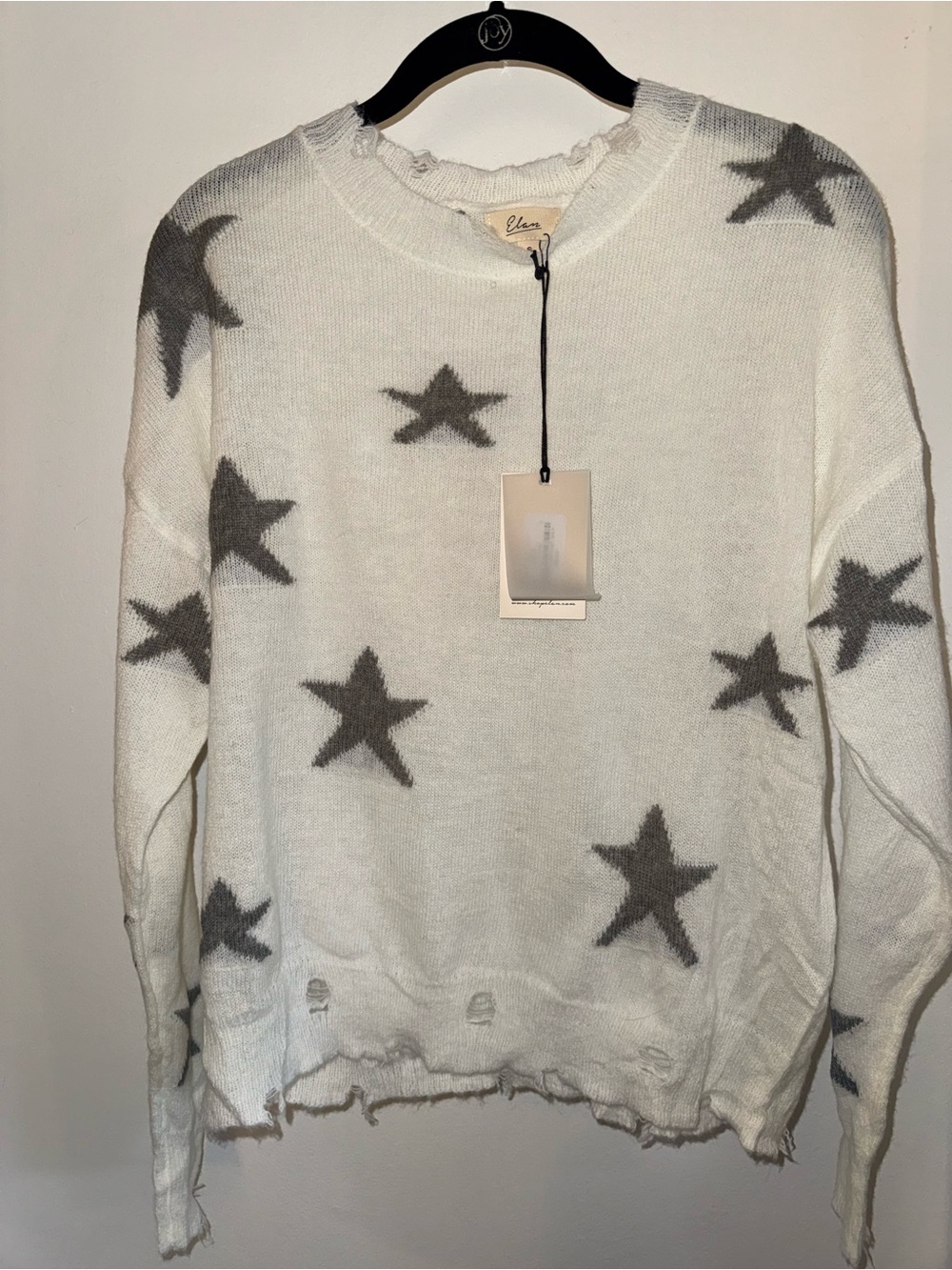 Elan White Gray Star Distressed Sweater Size Small NWT